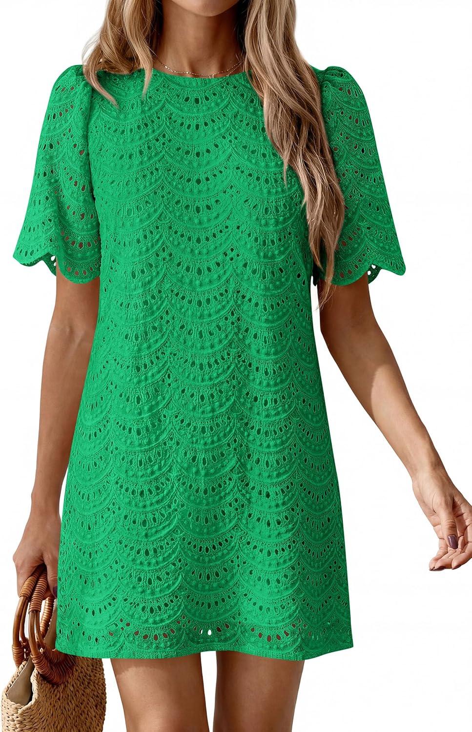 imagePRETTYGARDEN Womens 2026 Summer Casual Short Dresses Embroidered Lace Short Sleeve Boho Mini Dress Beach Vacation ClothesGreen