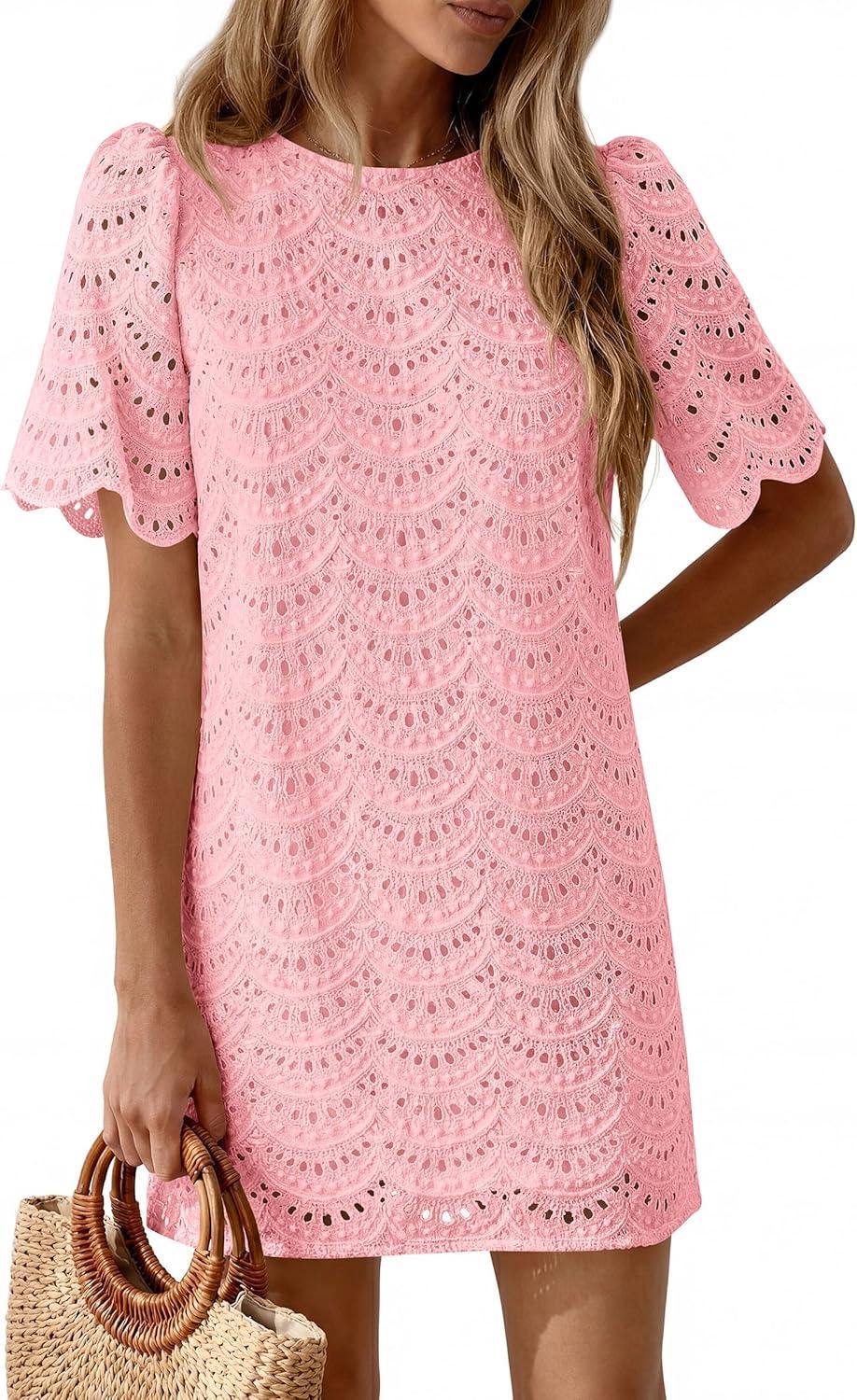 imagePRETTYGARDEN Womens 2026 Summer Casual Short Dresses Embroidered Lace Short Sleeve Boho Mini Dress Beach Vacation ClothesPink