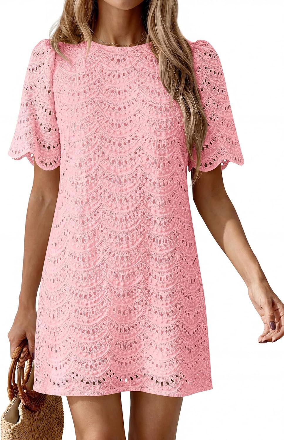 imagePRETTYGARDEN Womens 2026 Summer Casual Short Dresses Embroidered Lace Short Sleeve Boho Mini Dress Beach Vacation ClothesPink