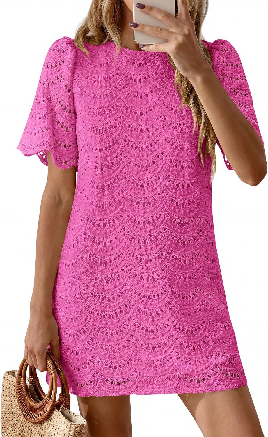 imagePRETTYGARDEN Womens 2026 Summer Casual Short Dresses Embroidered Lace Short Sleeve Boho Mini Dress Beach Vacation ClothesRose Red