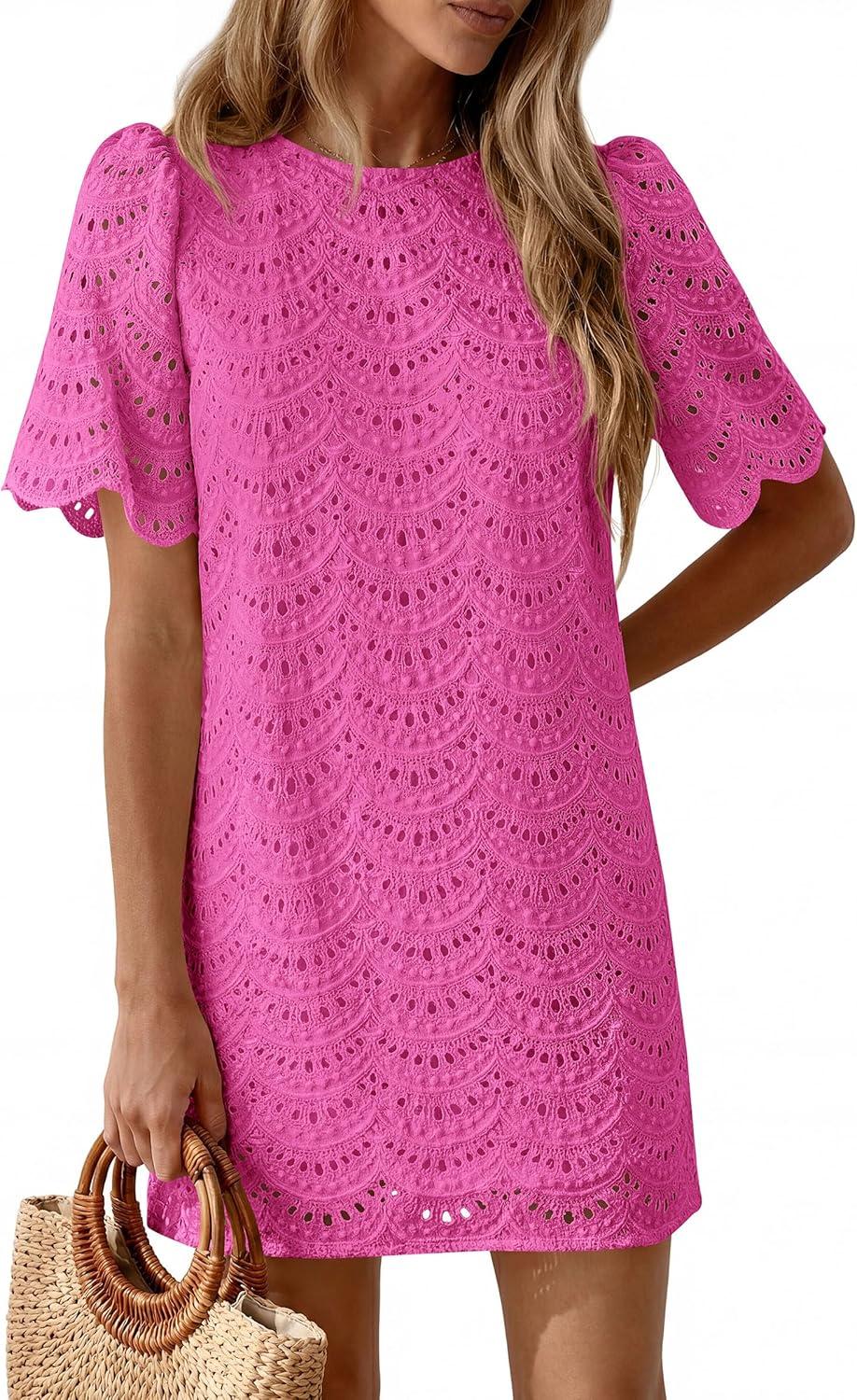 imagePRETTYGARDEN Womens 2026 Summer Casual Short Dresses Embroidered Lace Short Sleeve Boho Mini Dress Beach Vacation ClothesRose Red
