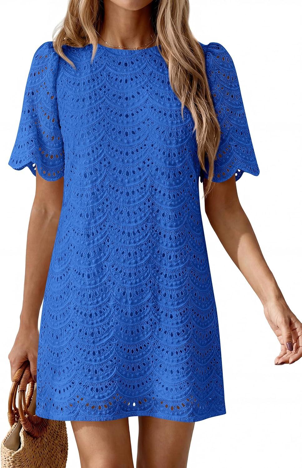 imagePRETTYGARDEN Womens 2026 Summer Casual Short Dresses Embroidered Lace Short Sleeve Boho Mini Dress Beach Vacation ClothesRoyal Blue