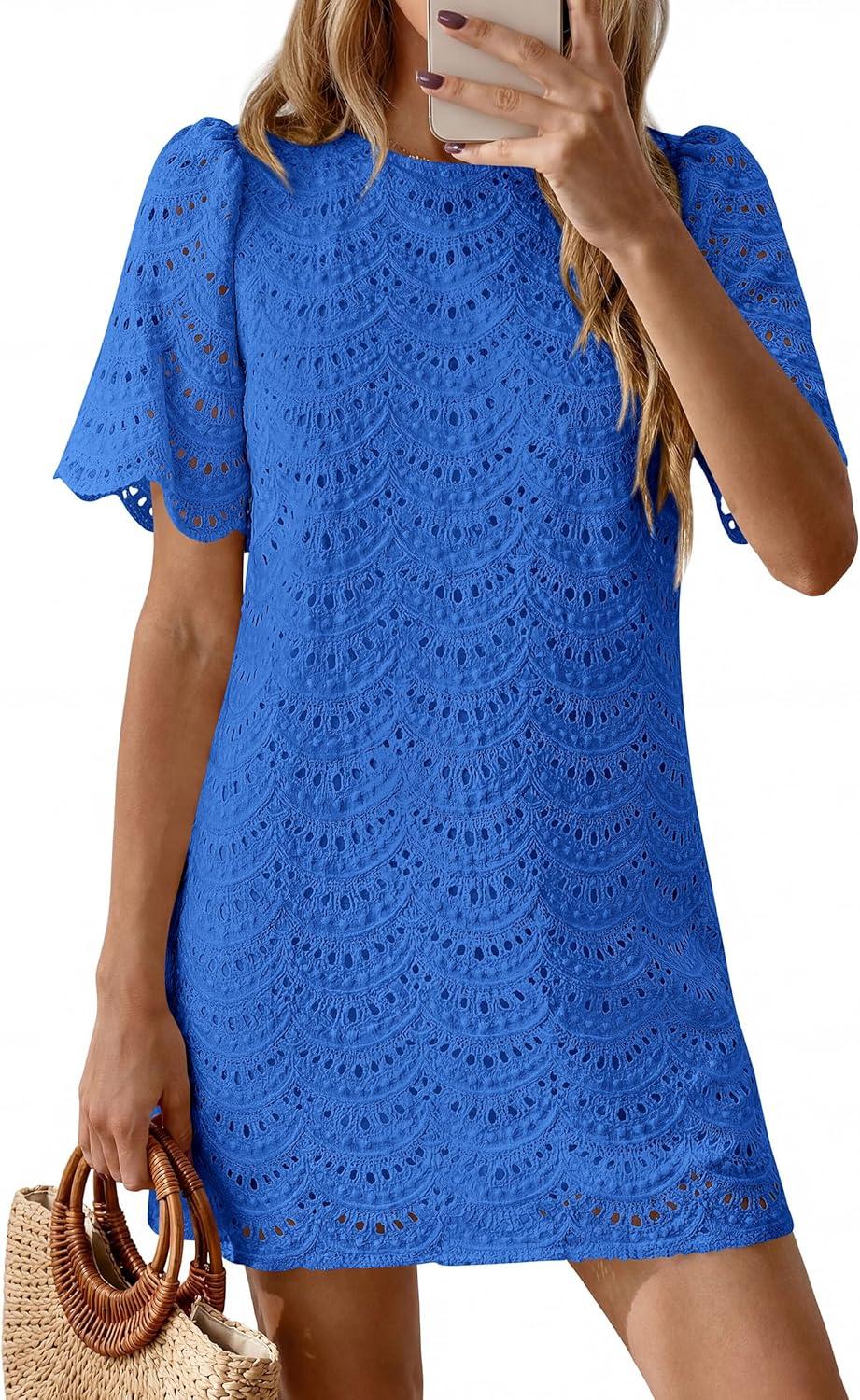 imagePRETTYGARDEN Womens 2026 Summer Casual Short Dresses Embroidered Lace Short Sleeve Boho Mini Dress Beach Vacation ClothesRoyal Blue