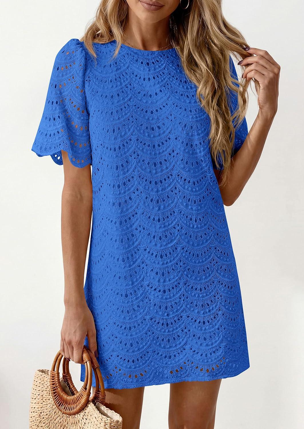 imagePRETTYGARDEN Womens 2026 Summer Casual Short Dresses Embroidered Lace Short Sleeve Boho Mini Dress Beach Vacation ClothesRoyal Blue