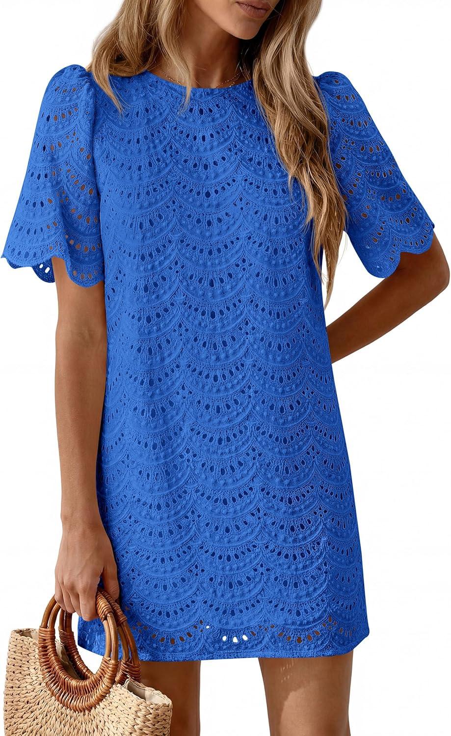 imagePRETTYGARDEN Womens 2026 Summer Casual Short Dresses Embroidered Lace Short Sleeve Boho Mini Dress Beach Vacation ClothesRoyal Blue