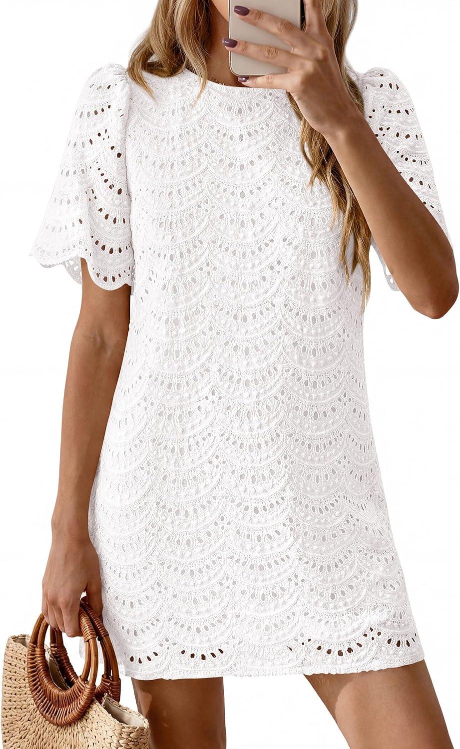 imagePRETTYGARDEN Womens 2026 Summer Casual Short Dresses Embroidered Lace Short Sleeve Boho Mini Dress Beach Vacation ClothesWhite