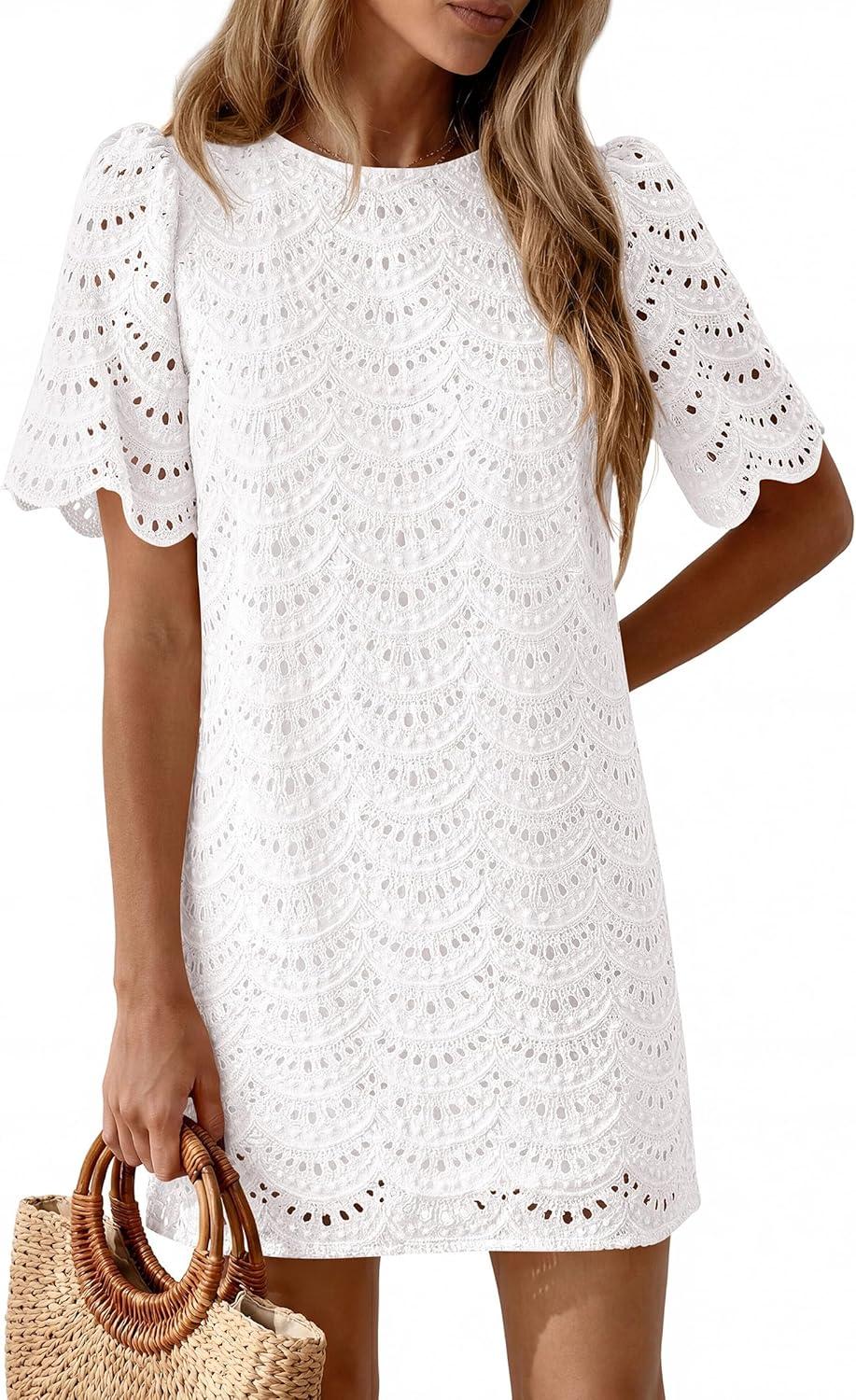 imagePRETTYGARDEN Womens 2026 Summer Casual Short Dresses Embroidered Lace Short Sleeve Boho Mini Dress Beach Vacation ClothesWhite