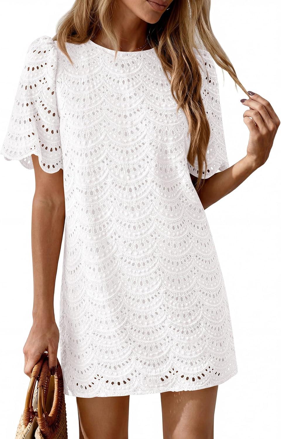 imagePRETTYGARDEN Womens 2026 Summer Casual Short Dresses Embroidered Lace Short Sleeve Boho Mini Dress Beach Vacation ClothesWhite