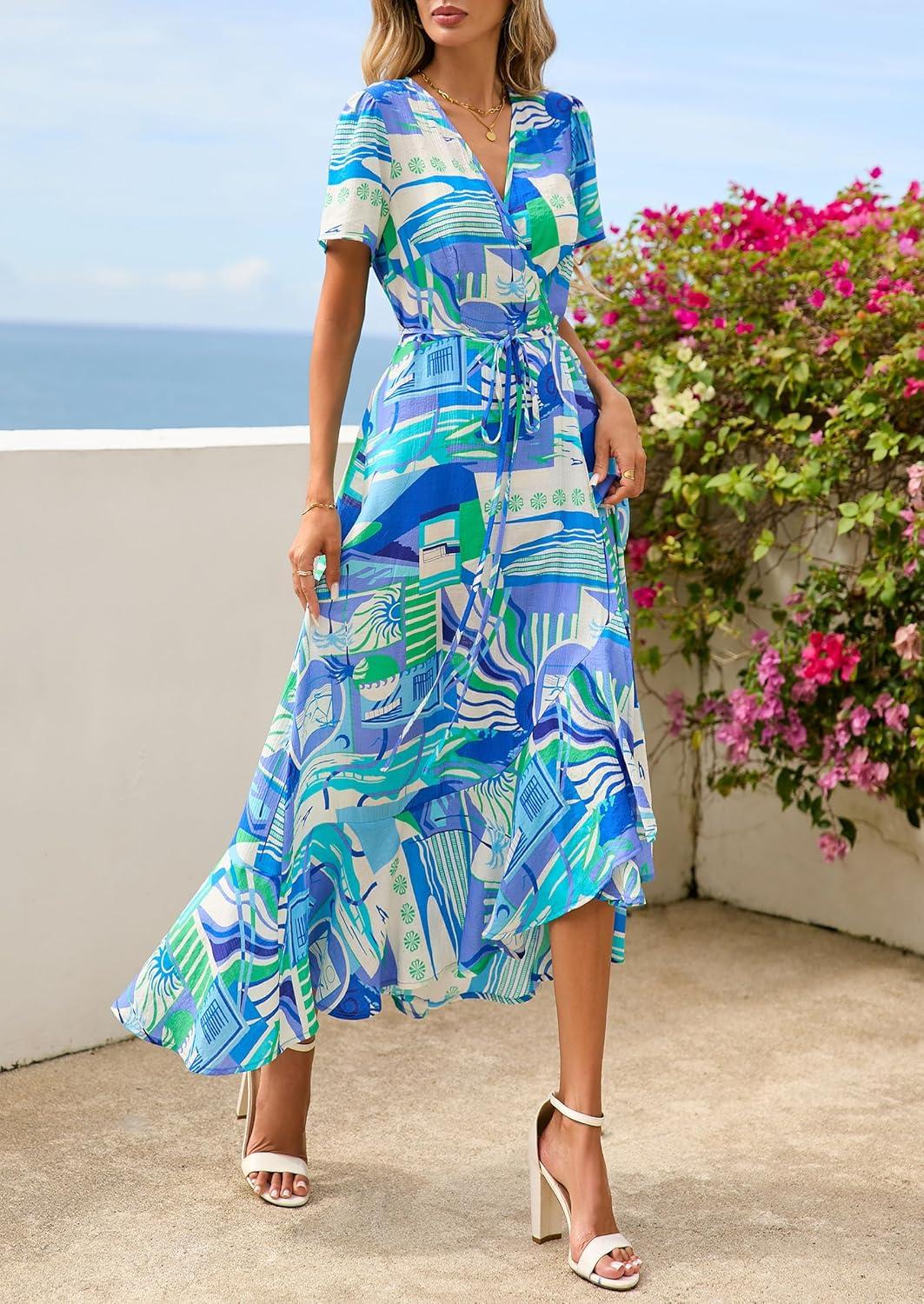 imagePRETTYGARDEN Womens Boho Floral Maxi Dress Summer Short Sleeve Wrap V Neck Long Flowy Beach Vacation Wedding Guest DressesBlue Floral