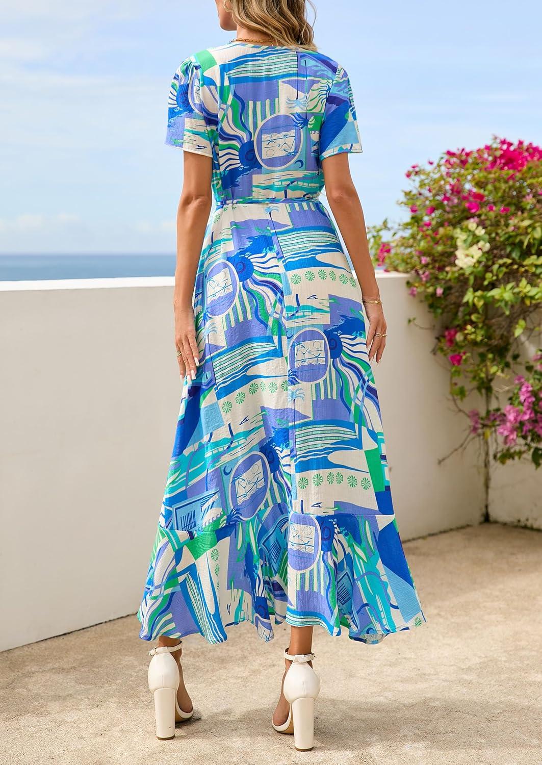 imagePRETTYGARDEN Womens Boho Floral Maxi Dress Summer Short Sleeve Wrap V Neck Long Flowy Beach Vacation Wedding Guest DressesBlue Floral