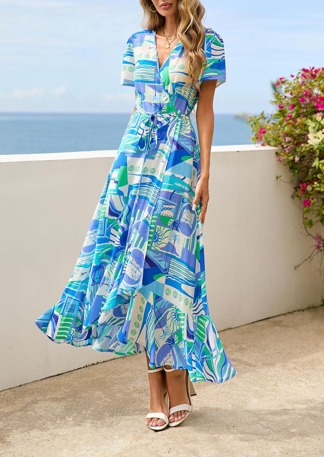 imagePRETTYGARDEN Womens Boho Floral Maxi Dress Summer Short Sleeve Wrap V Neck Long Flowy Beach Vacation Wedding Guest DressesBlue Floral