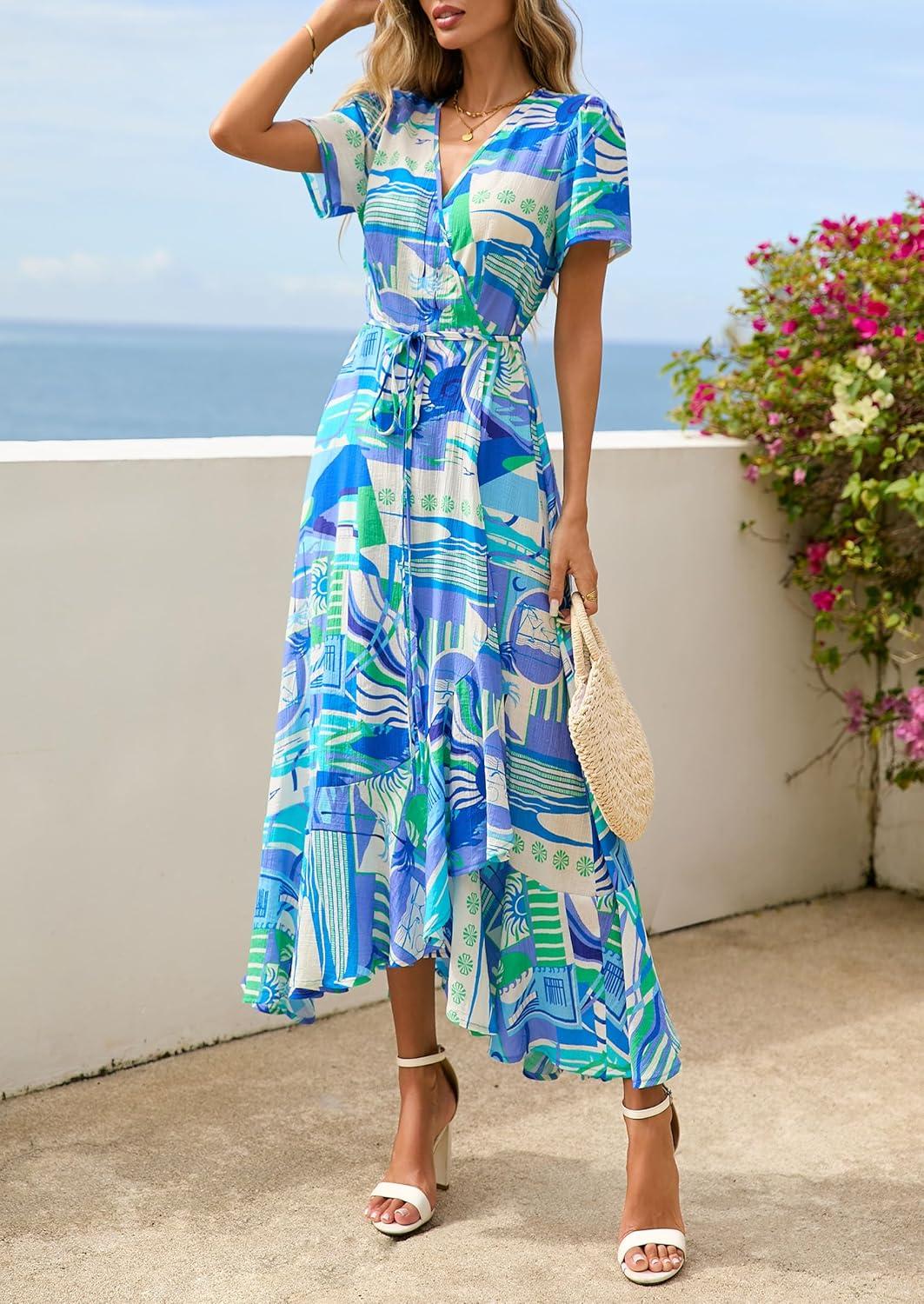 imagePRETTYGARDEN Womens Boho Floral Maxi Dress Summer Short Sleeve Wrap V Neck Long Flowy Beach Vacation Wedding Guest DressesBlue Floral