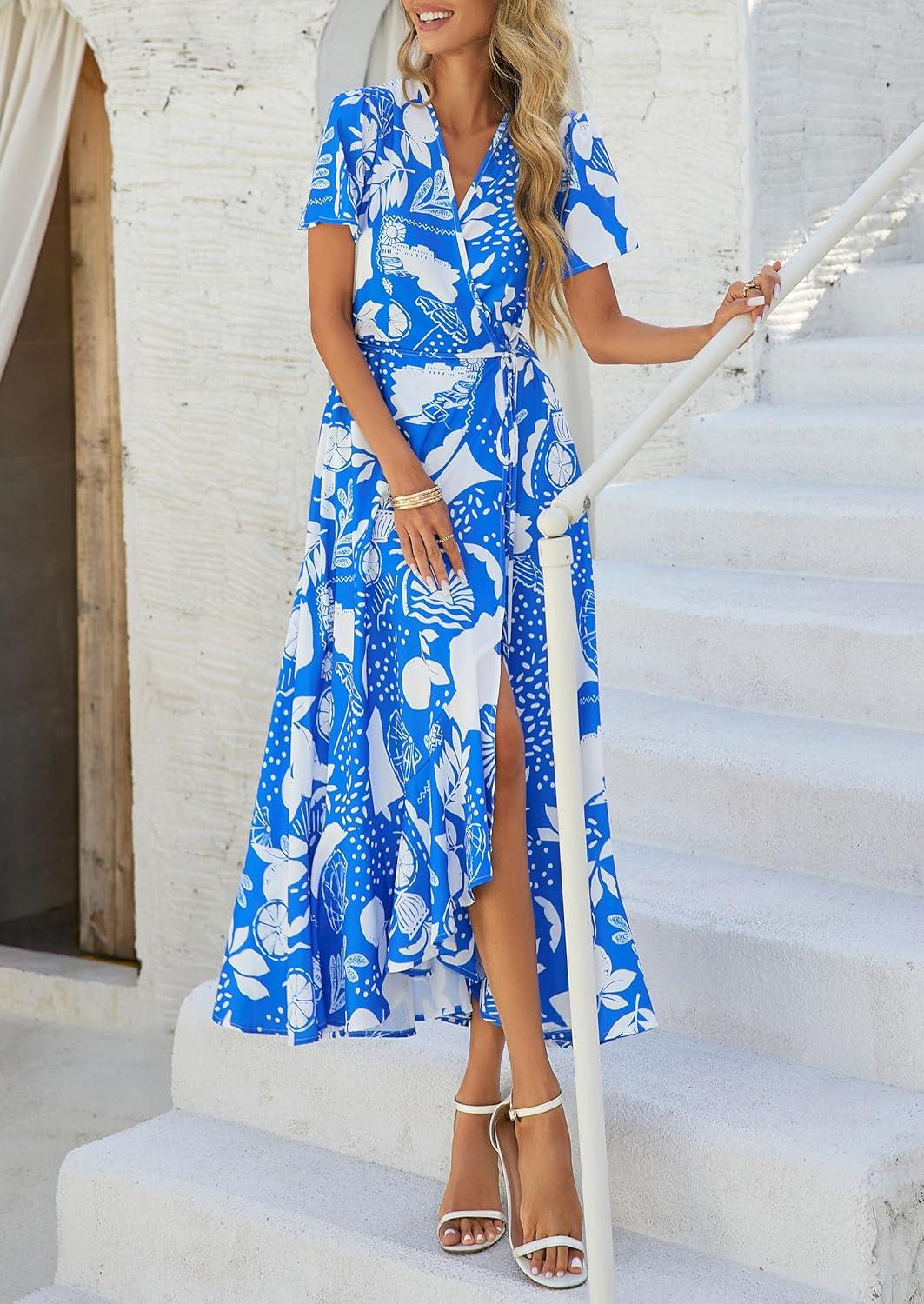 imagePRETTYGARDEN Womens Boho Floral Maxi Dress Summer Short Sleeve Wrap V Neck Long Flowy Beach Vacation Wedding Guest DressesBlue White Flower