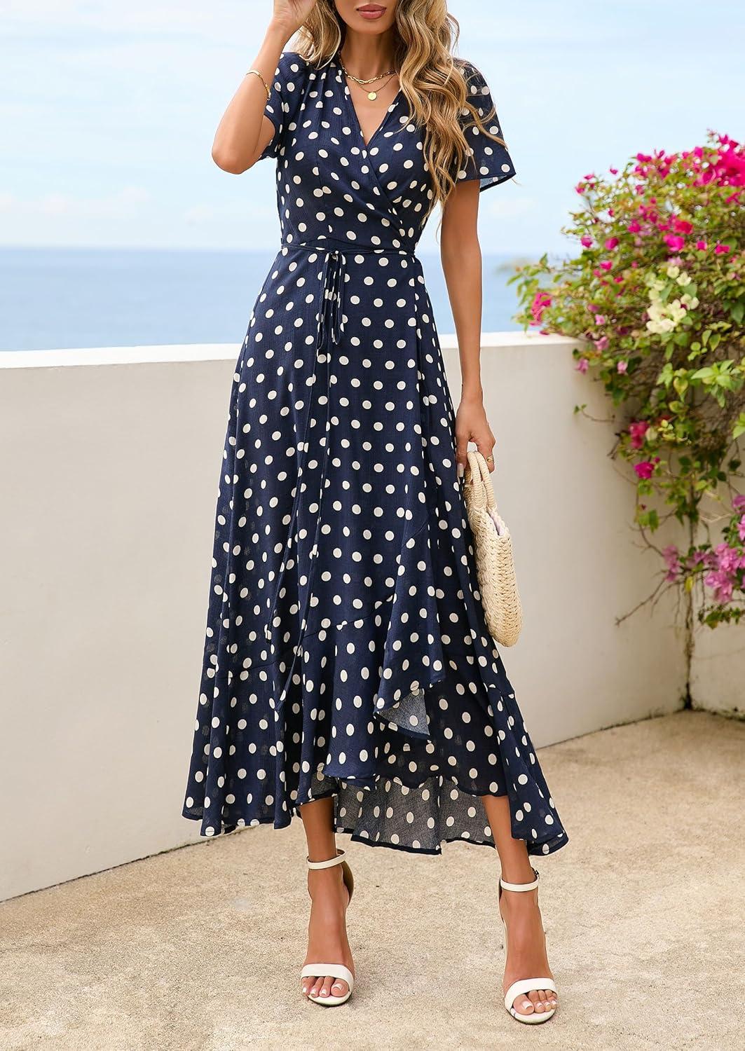 imagePRETTYGARDEN Womens Boho Floral Maxi Dress Summer Short Sleeve Wrap V Neck Long Flowy Beach Vacation Wedding Guest DressesDot Navy White