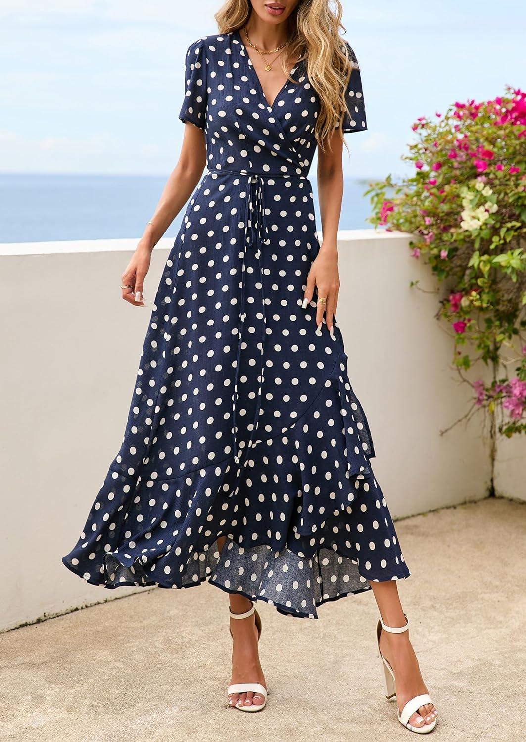 imagePRETTYGARDEN Womens Boho Floral Maxi Dress Summer Short Sleeve Wrap V Neck Long Flowy Beach Vacation Wedding Guest DressesDot Navy White