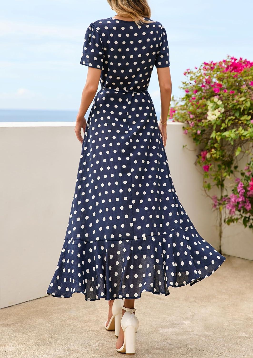 imagePRETTYGARDEN Womens Boho Floral Maxi Dress Summer Short Sleeve Wrap V Neck Long Flowy Beach Vacation Wedding Guest DressesDot Navy White