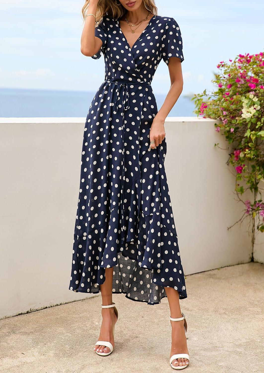imagePRETTYGARDEN Womens Boho Floral Maxi Dress Summer Short Sleeve Wrap V Neck Long Flowy Beach Vacation Wedding Guest DressesDot Navy White