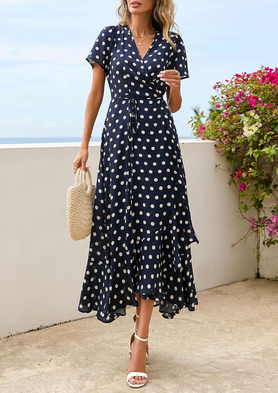 imagePRETTYGARDEN Womens Boho Floral Maxi Dress Summer Short Sleeve Wrap V Neck Long Flowy Beach Vacation Wedding Guest DressesDot Navy White