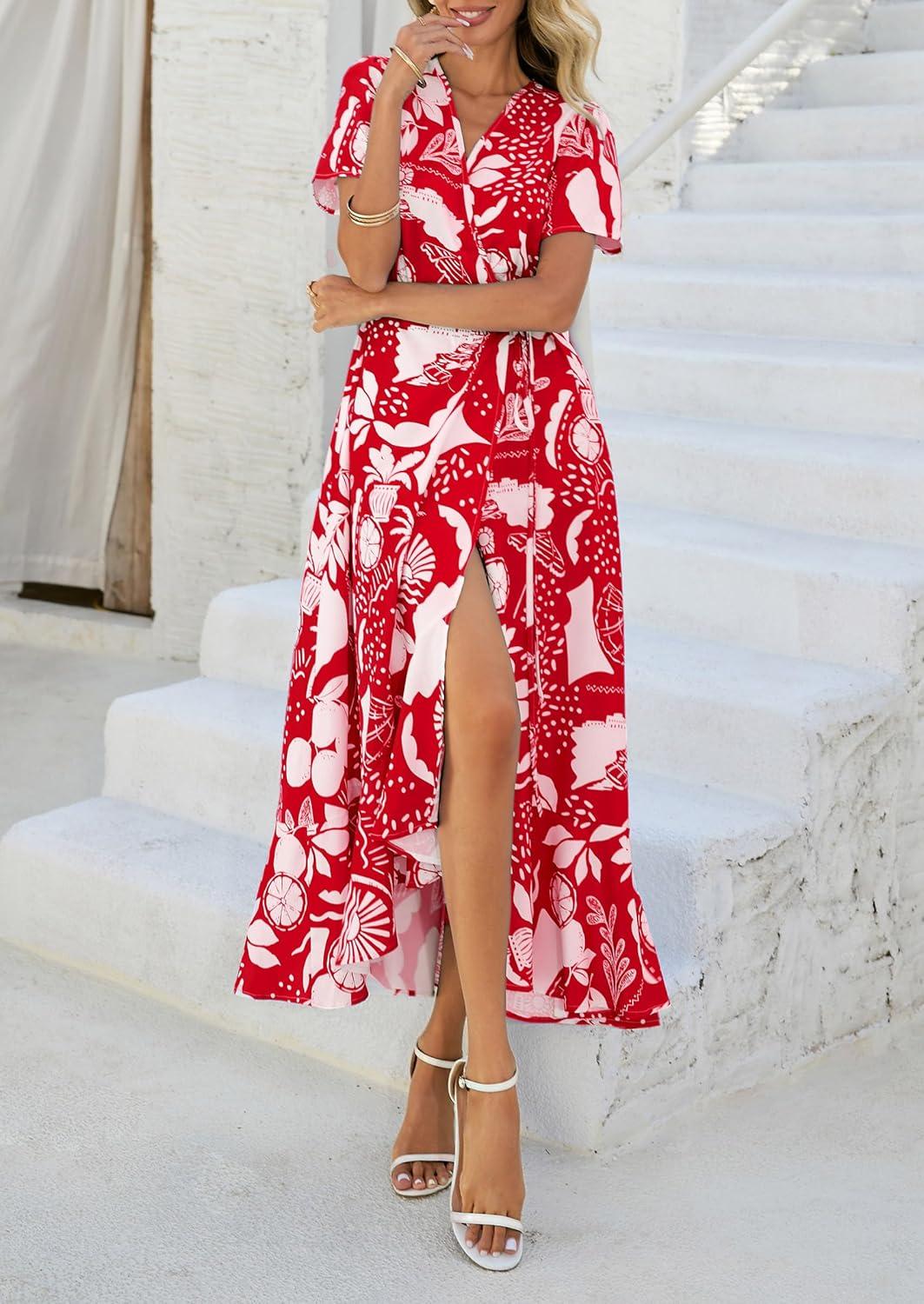 imagePRETTYGARDEN Womens Boho Floral Maxi Dress Summer Short Sleeve Wrap V Neck Long Flowy Beach Vacation Wedding Guest DressesRed Print