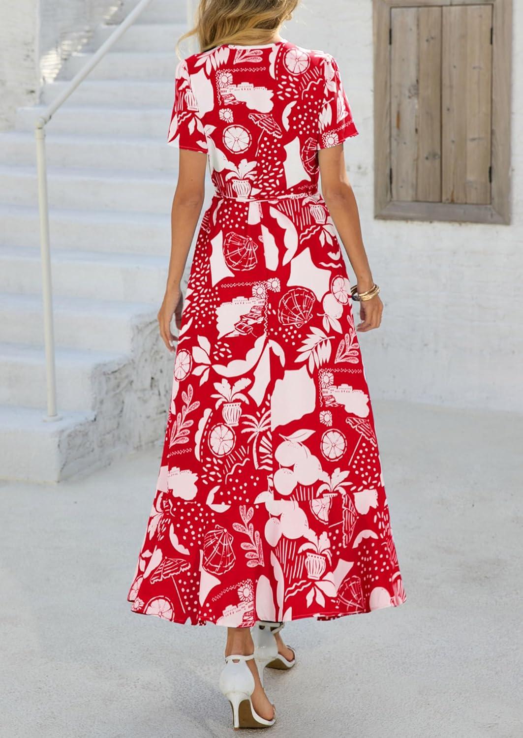 imagePRETTYGARDEN Womens Boho Floral Maxi Dress Summer Short Sleeve Wrap V Neck Long Flowy Beach Vacation Wedding Guest DressesRed Print