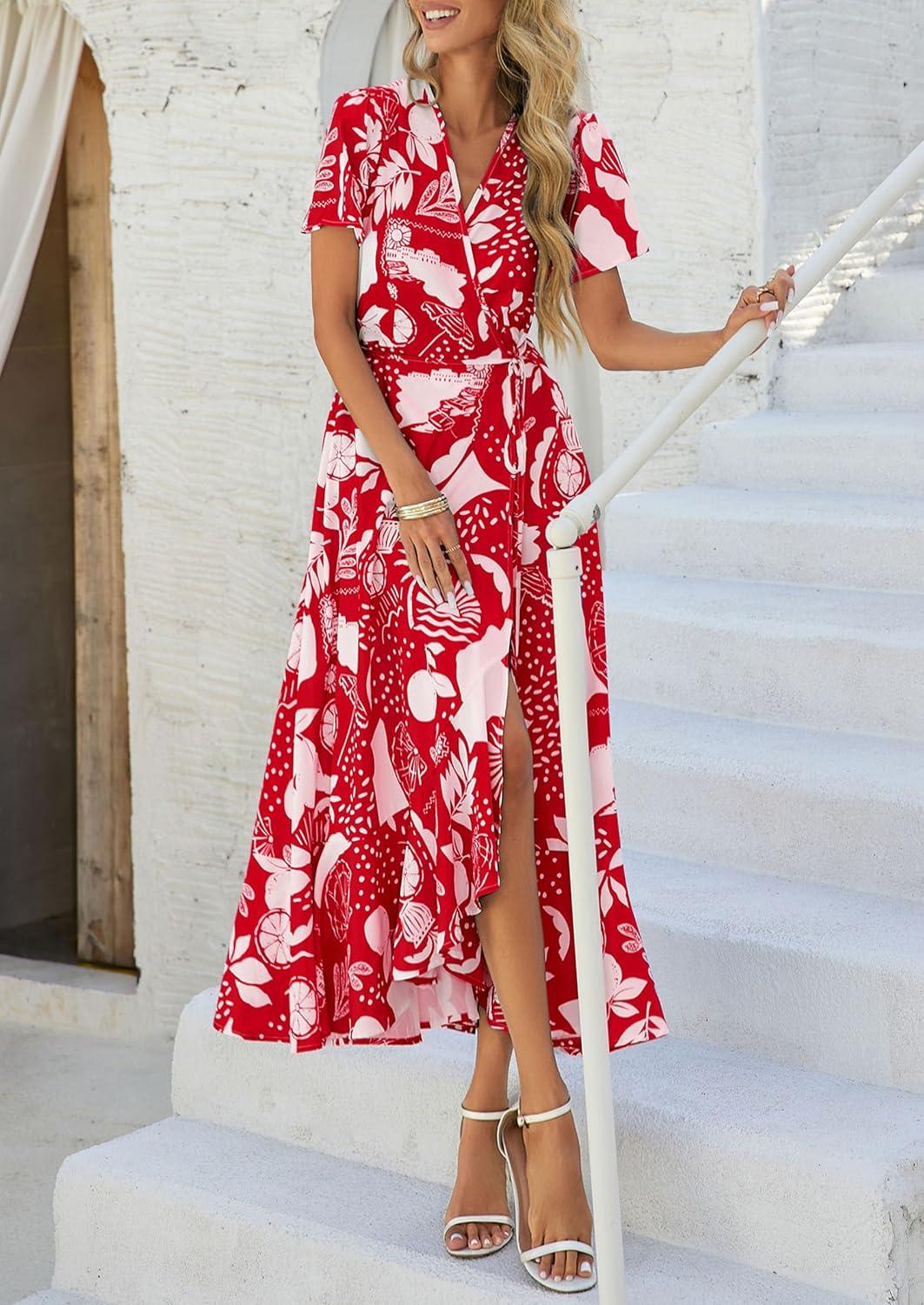 imagePRETTYGARDEN Womens Boho Floral Maxi Dress Summer Short Sleeve Wrap V Neck Long Flowy Beach Vacation Wedding Guest DressesRed Print