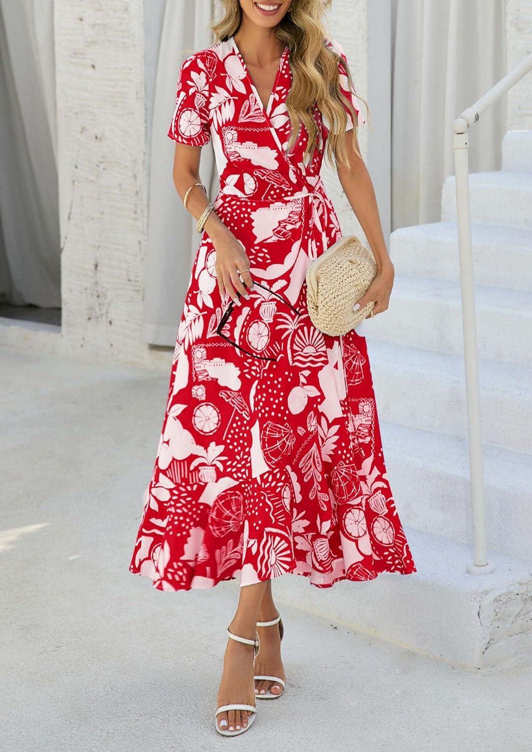 imagePRETTYGARDEN Womens Boho Floral Maxi Dress Summer Short Sleeve Wrap V Neck Long Flowy Beach Vacation Wedding Guest DressesRed Print