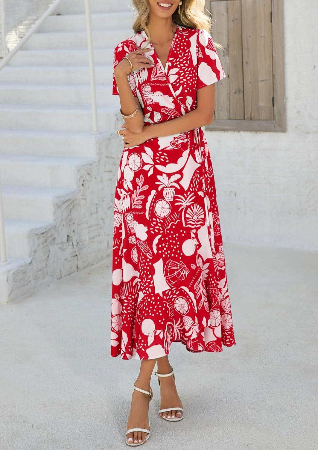 imagePRETTYGARDEN Womens Boho Floral Maxi Dress Summer Short Sleeve Wrap V Neck Long Flowy Beach Vacation Wedding Guest DressesRed Print