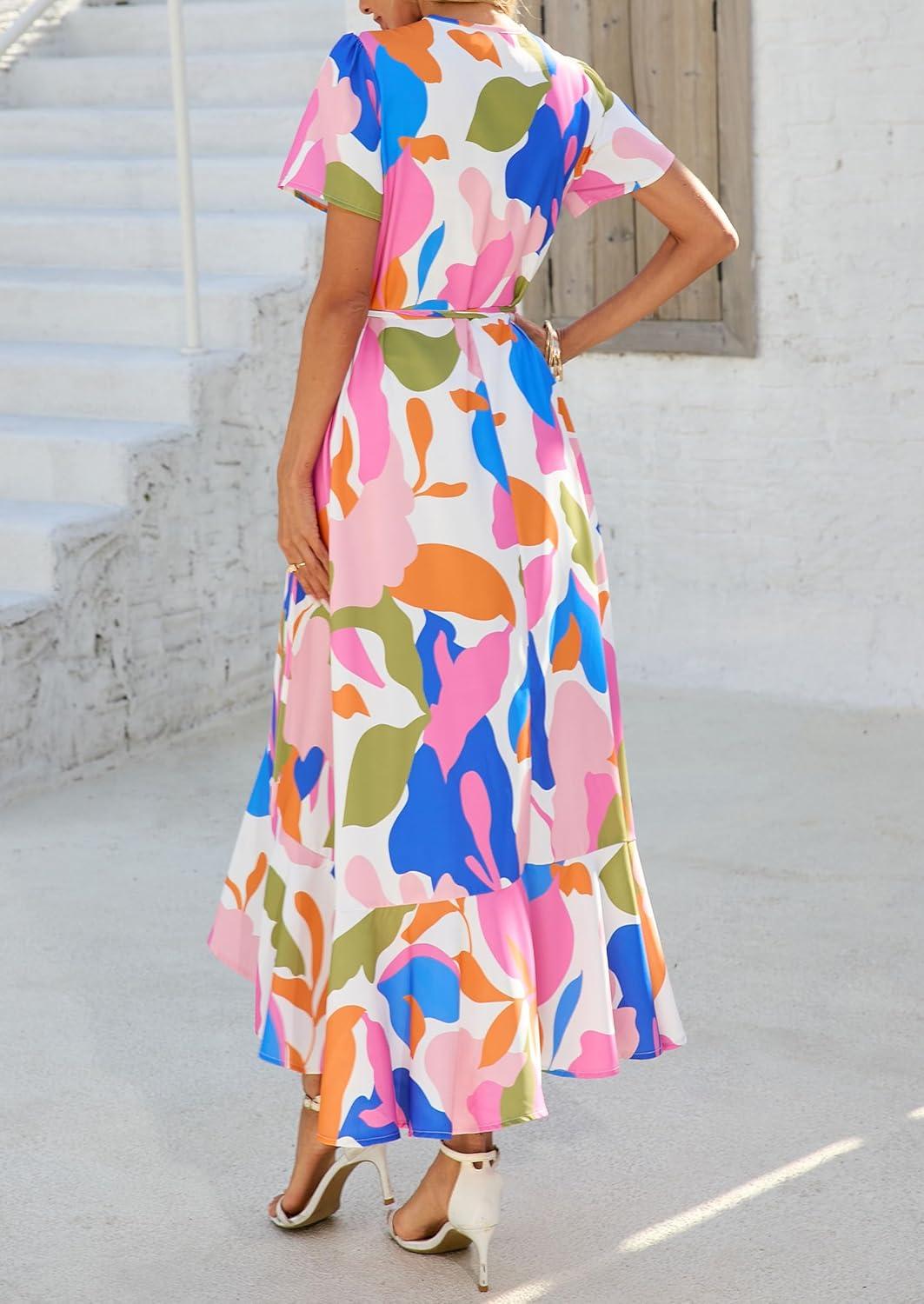 imagePRETTYGARDEN Womens Boho Floral Maxi Dress Summer Short Sleeve Wrap V Neck Long Flowy Beach Vacation Wedding Guest DressesWhite Multicolored