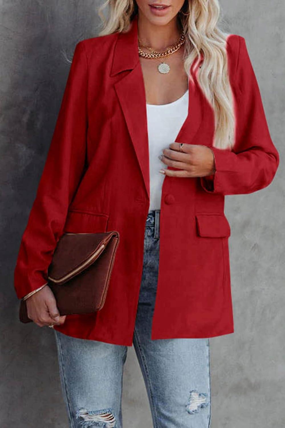 imagePRETTYGARDEN Womens Casual Blazers Long Sleeve Open Front Button Work Office Blazer Jackets with Pockets RedXSmall