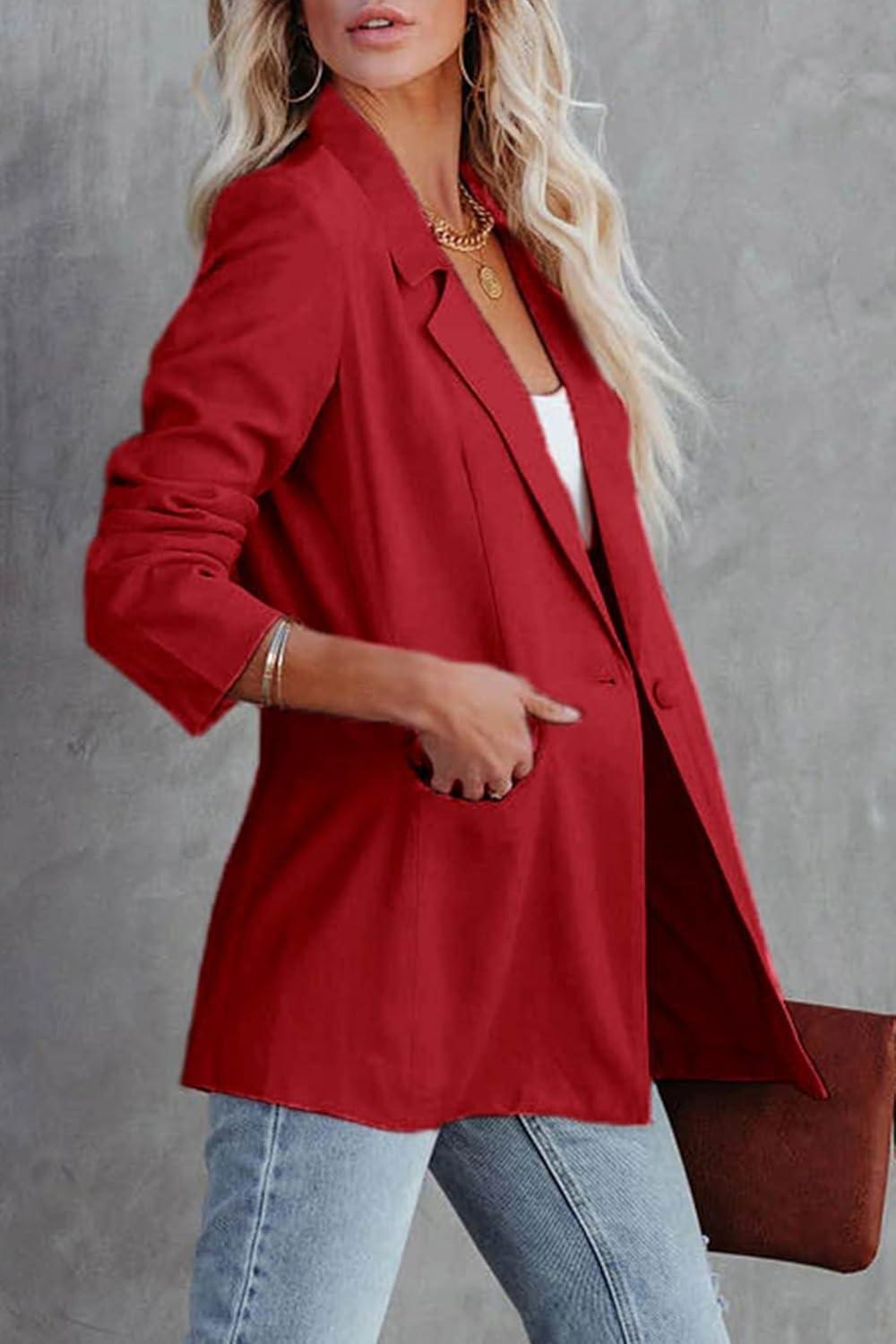 imagePRETTYGARDEN Womens Casual Blazers Long Sleeve Open Front Button Work Office Blazer Jackets with Pockets RedXSmall