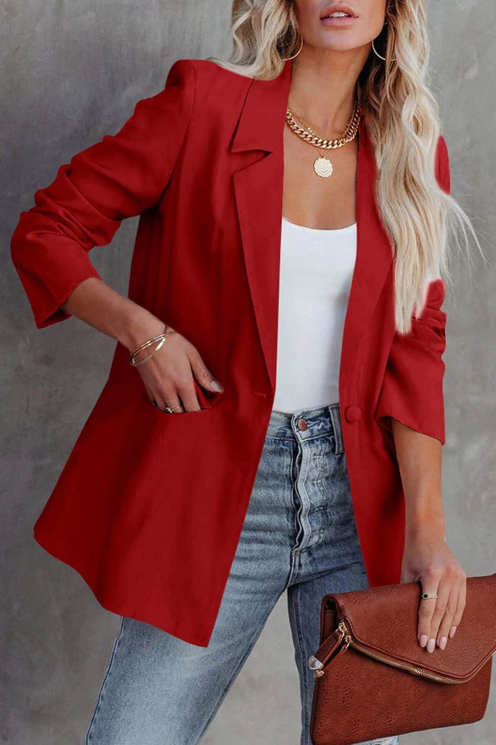 imagePRETTYGARDEN Womens Casual Blazers Long Sleeve Open Front Button Work Office Blazer Jackets with Pockets RedXSmall
