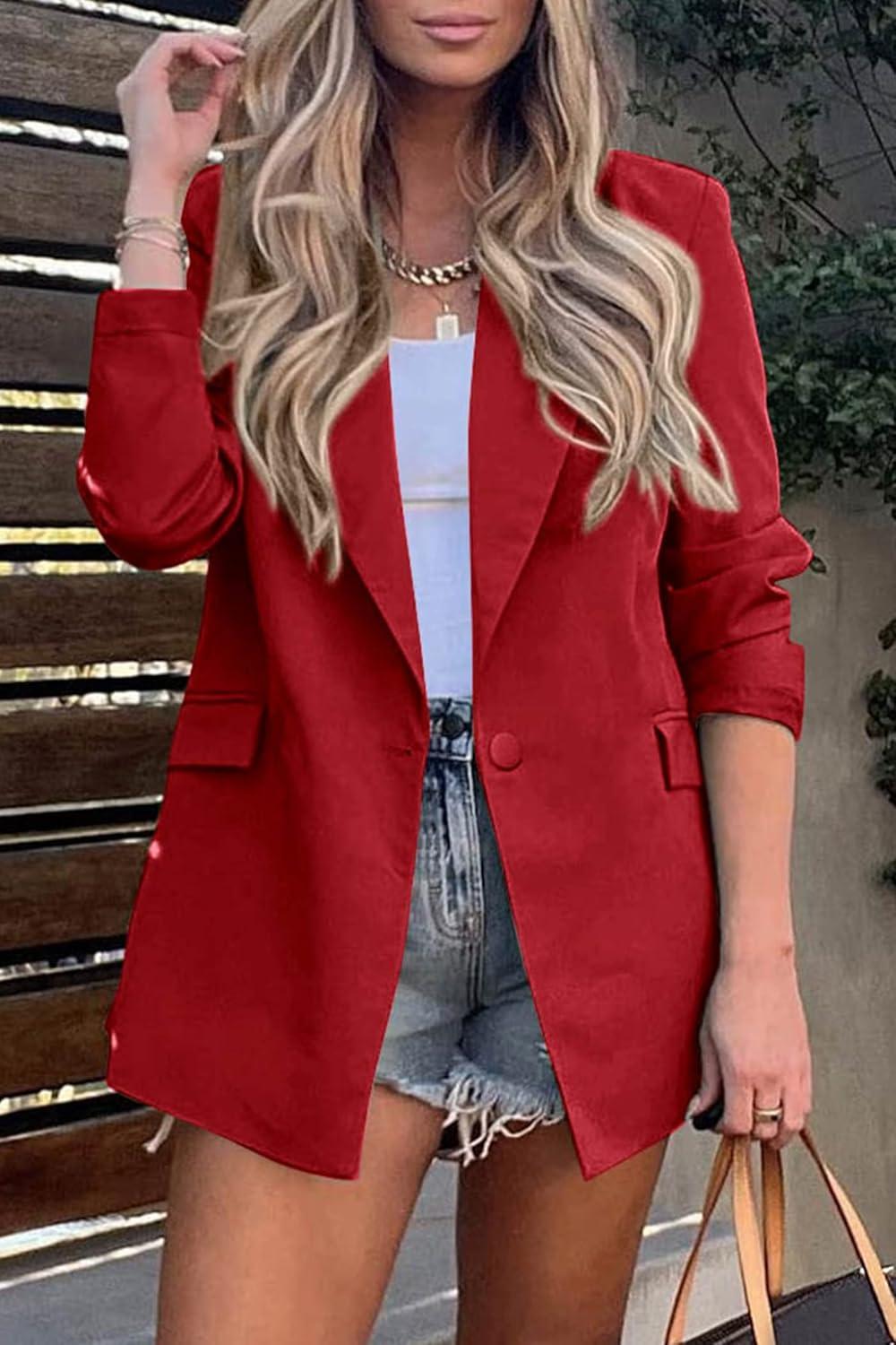 imagePRETTYGARDEN Womens Casual Blazers Long Sleeve Open Front Button Work Office Blazer Jackets with Pockets RedXSmall