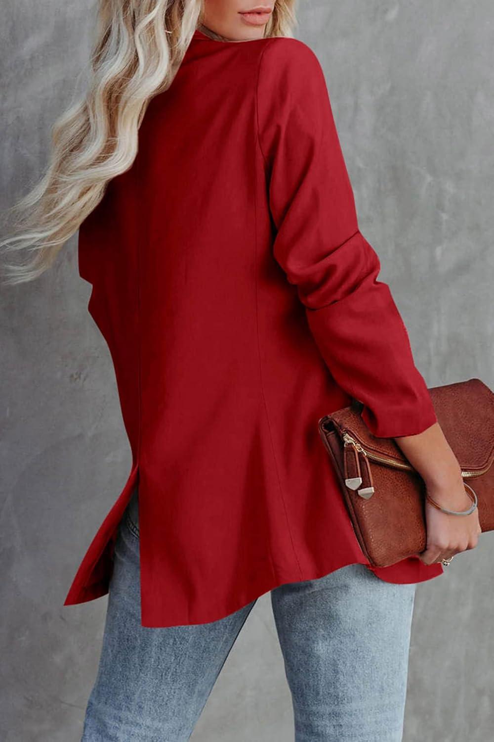 imagePRETTYGARDEN Womens Casual Blazers Long Sleeve Open Front Button Work Office Blazer Jackets with Pockets RedXSmall