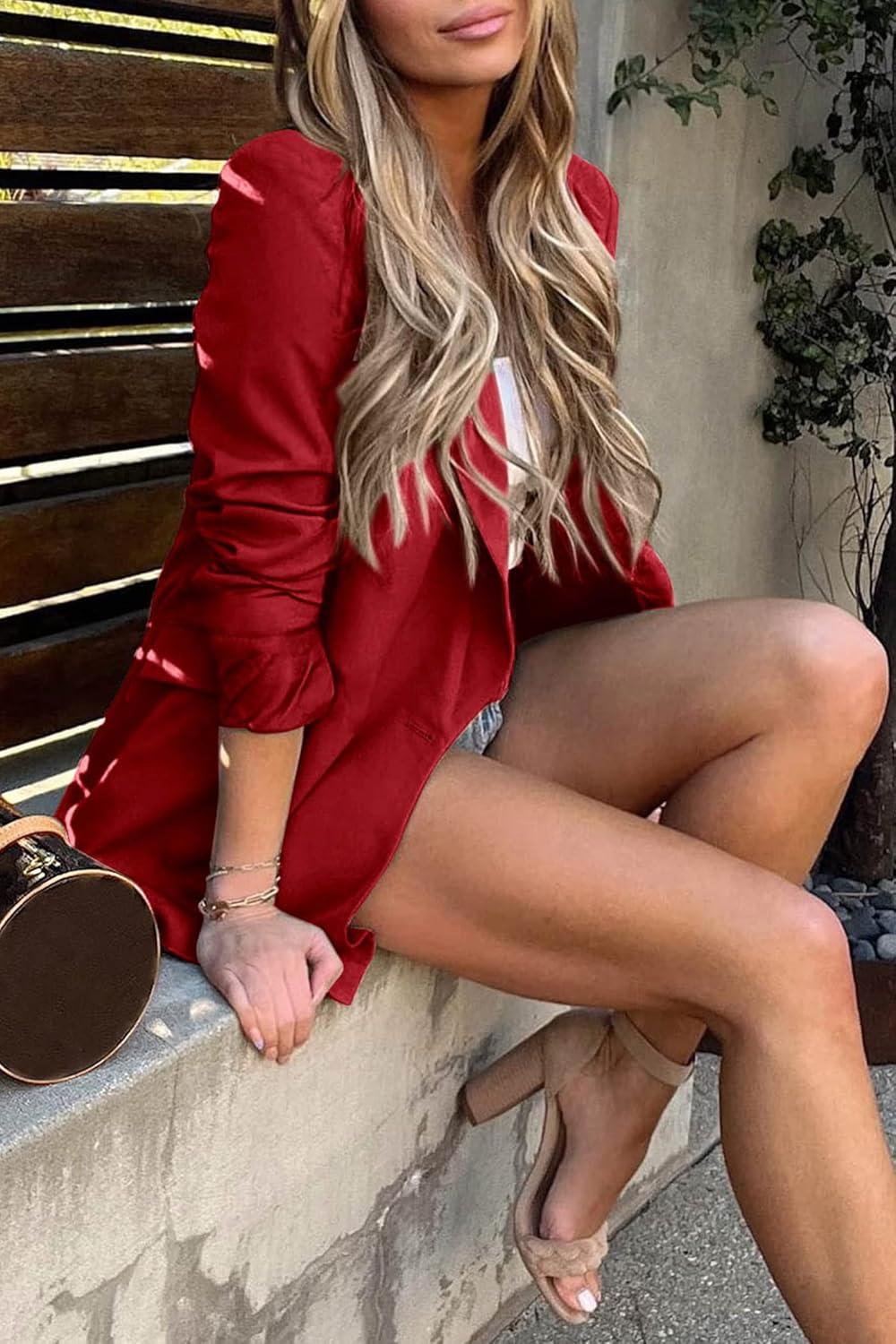 imagePRETTYGARDEN Womens Casual Blazers Long Sleeve Open Front Button Work Office Blazer Jackets with Pockets RedXSmall