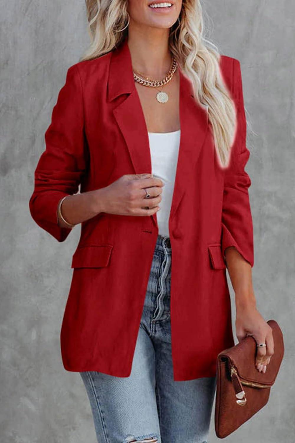 imagePRETTYGARDEN Womens Casual Blazers Long Sleeve Open Front Button Work Office Blazer Jackets with Pockets RedXSmall