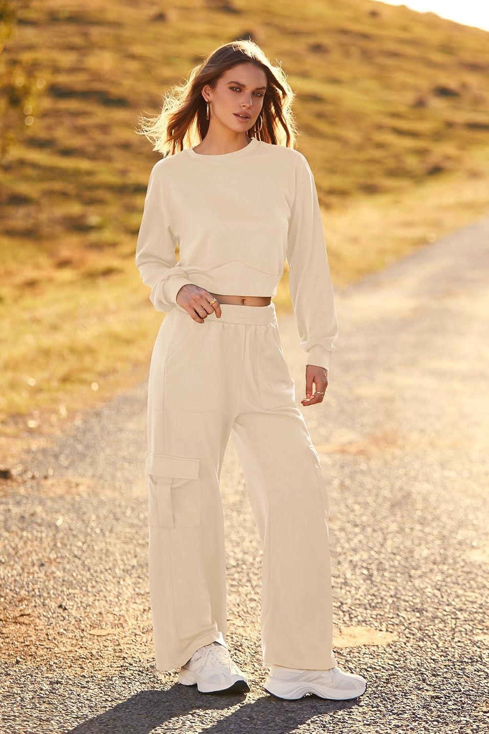 imagePRETTYGARDEN Womens Fall 2 Piece Outfits Sweatsuits Sets Long Sleeve Crop Tops Sweatshirt Wide Leg Cargo Pants with Pockets