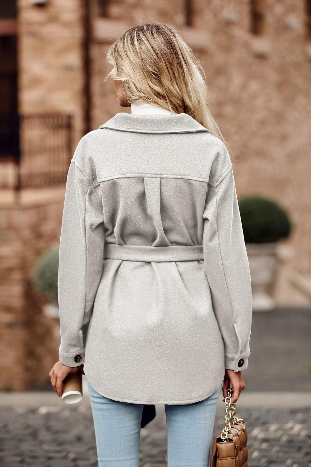imagePRETTYGARDEN Womens Fall Fashion Winter Trench Coats Lapel Button Down Peacoat Belted Outerwear Casual Jackets Grey WhiteSmall