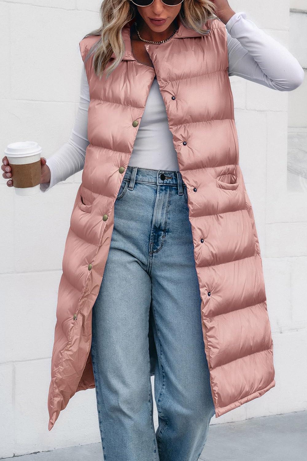 imagePRETTYGARDEN Womens Fall Long Puffer Vest Collared Sleeveless Button Down Warm Jackets Coat Casual Trendy Winter Outerwear