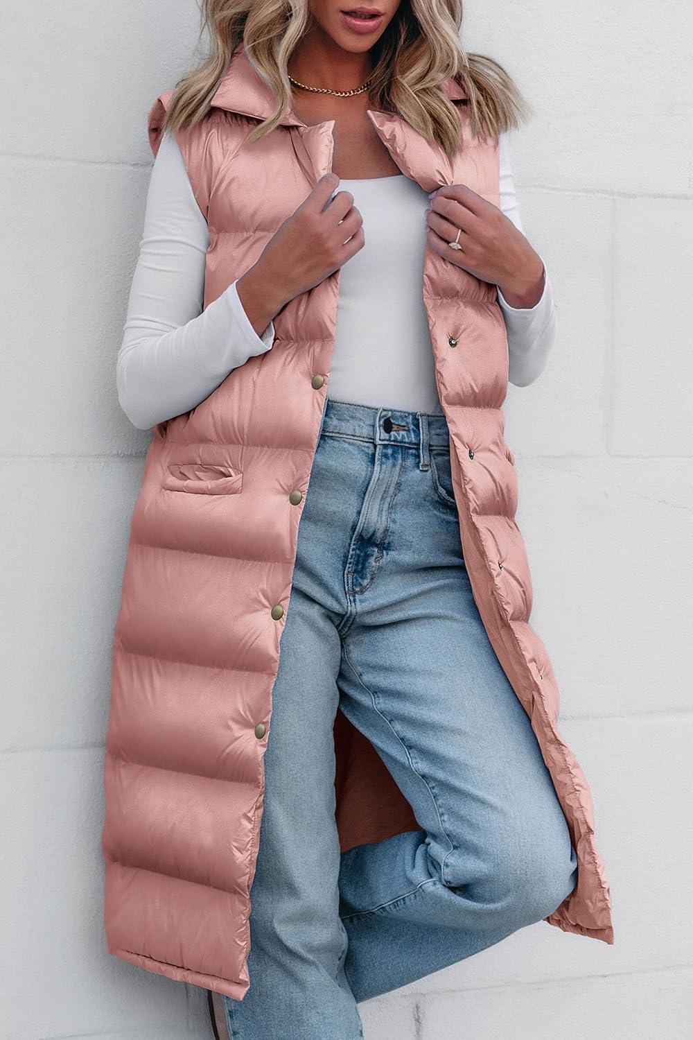 imagePRETTYGARDEN Womens Fall Long Puffer Vest Collared Sleeveless Button Down Warm Jackets Coat Casual Trendy Winter Outerwear