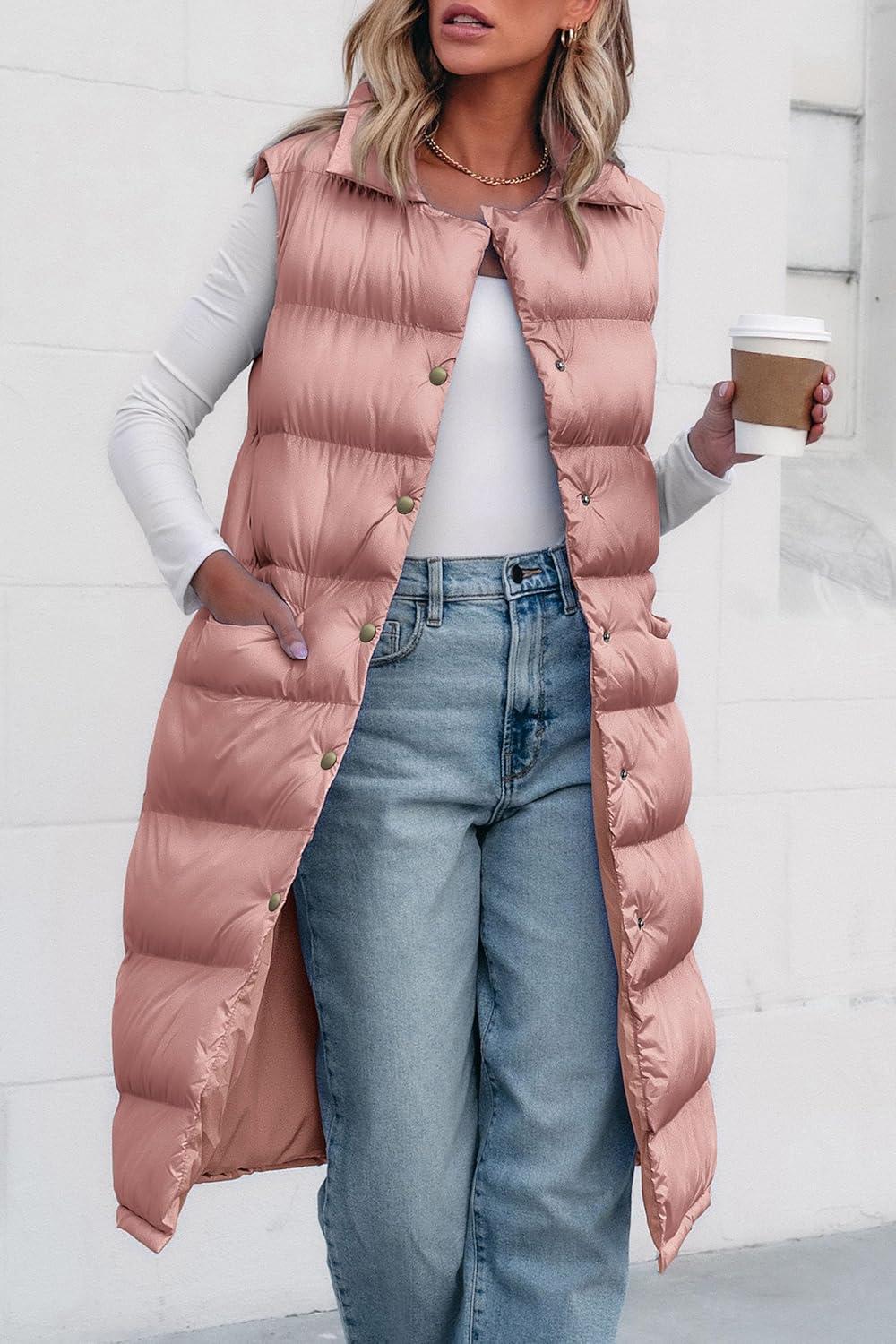 imagePRETTYGARDEN Womens Fall Long Puffer Vest Collared Sleeveless Button Down Warm Jackets Coat Casual Trendy Winter Outerwear