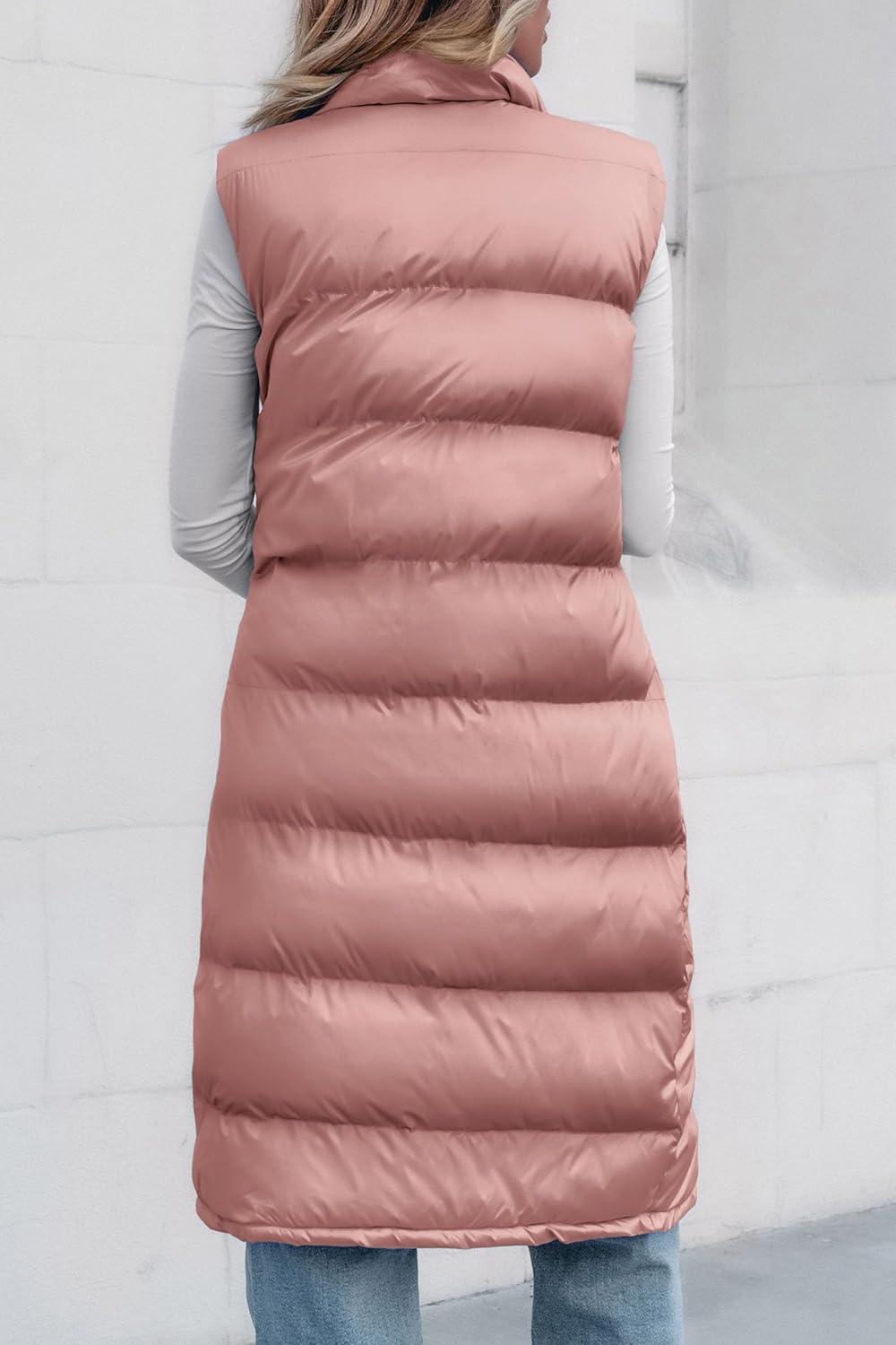 imagePRETTYGARDEN Womens Fall Long Puffer Vest Collared Sleeveless Button Down Warm Jackets Coat Casual Trendy Winter Outerwear