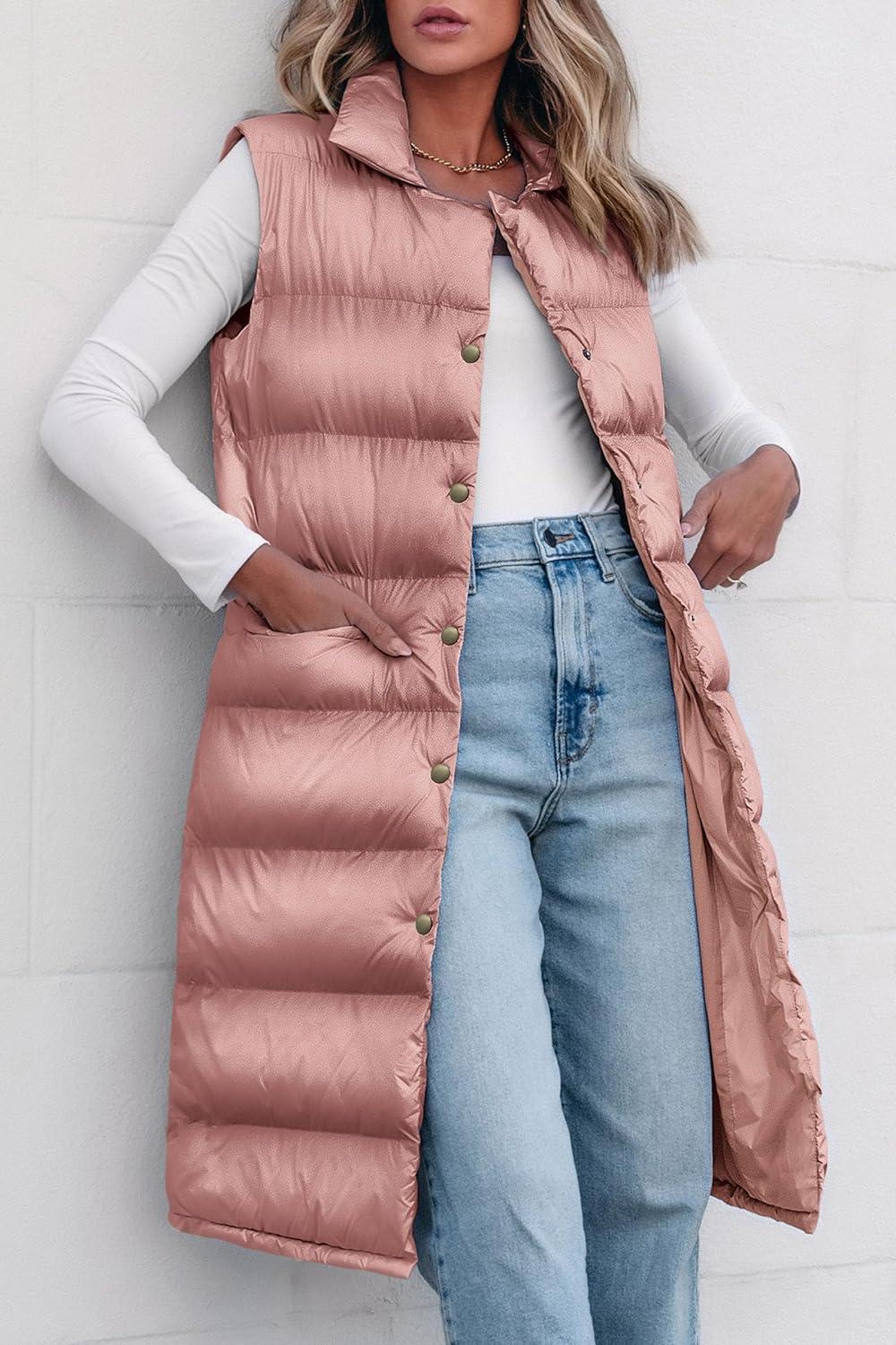 imagePRETTYGARDEN Womens Fall Long Puffer Vest Collared Sleeveless Button Down Warm Jackets Coat Casual Trendy Winter Outerwear