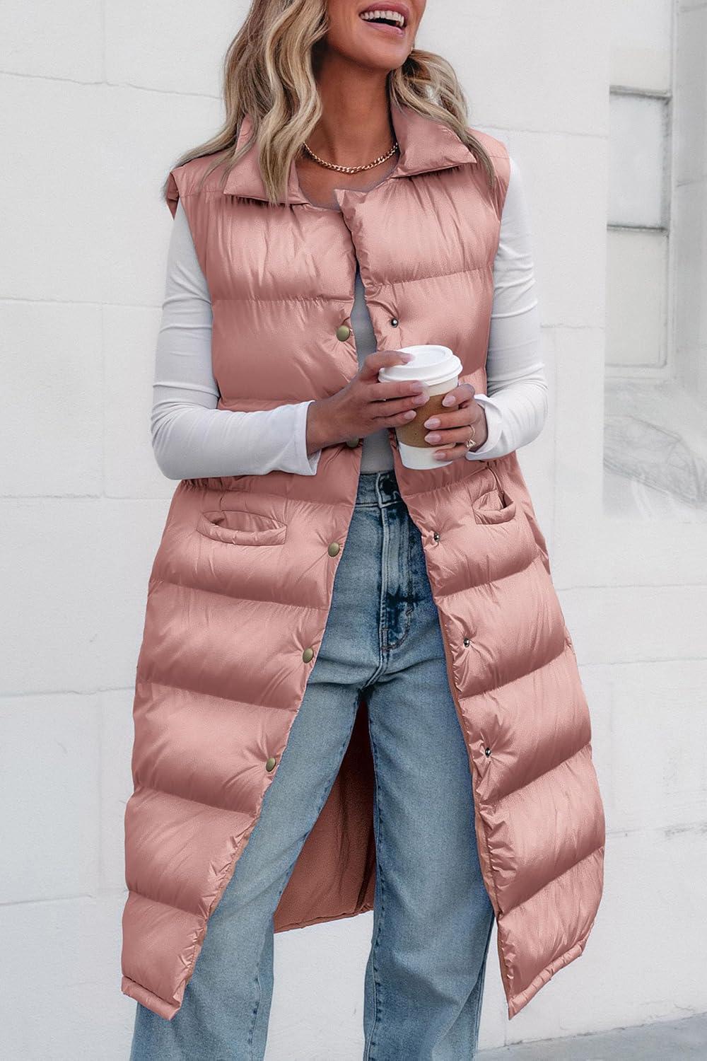 imagePRETTYGARDEN Womens Fall Long Puffer Vest Collared Sleeveless Button Down Warm Jackets Coat Casual Trendy Winter Outerwear