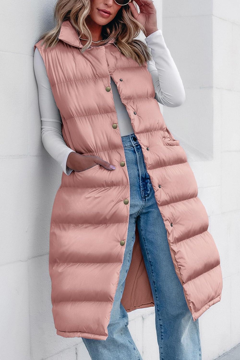 imagePRETTYGARDEN Womens Fall Long Puffer Vest Collared Sleeveless Button Down Warm Jackets Coat Casual Trendy Winter Outerwear