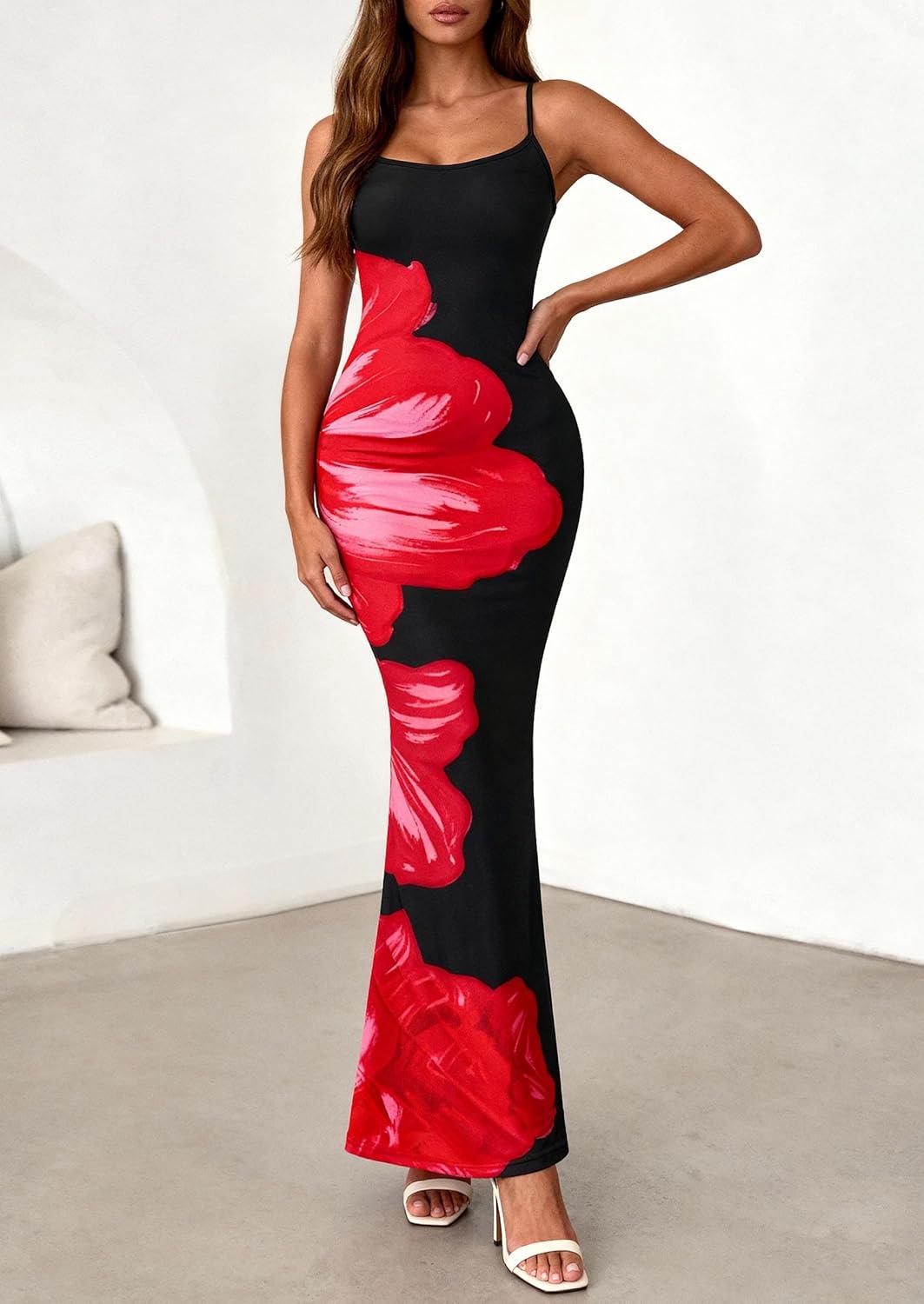 imagePRETTYGARDEN Womens Floral Maxi Dress Summer 2026 Sexy Spaghetti Strap Slip Bodycon Mesh Beach Vacation DressesBlack Pink Flower