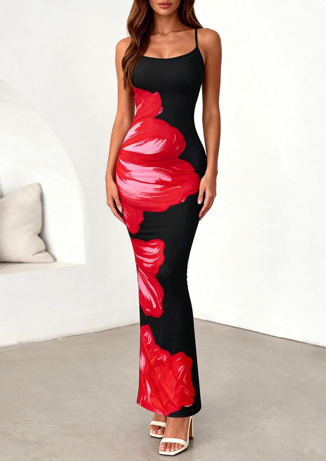 imagePRETTYGARDEN Womens Floral Maxi Dress Summer 2026 Sexy Spaghetti Strap Slip Bodycon Mesh Beach Vacation DressesBlack Pink Flower