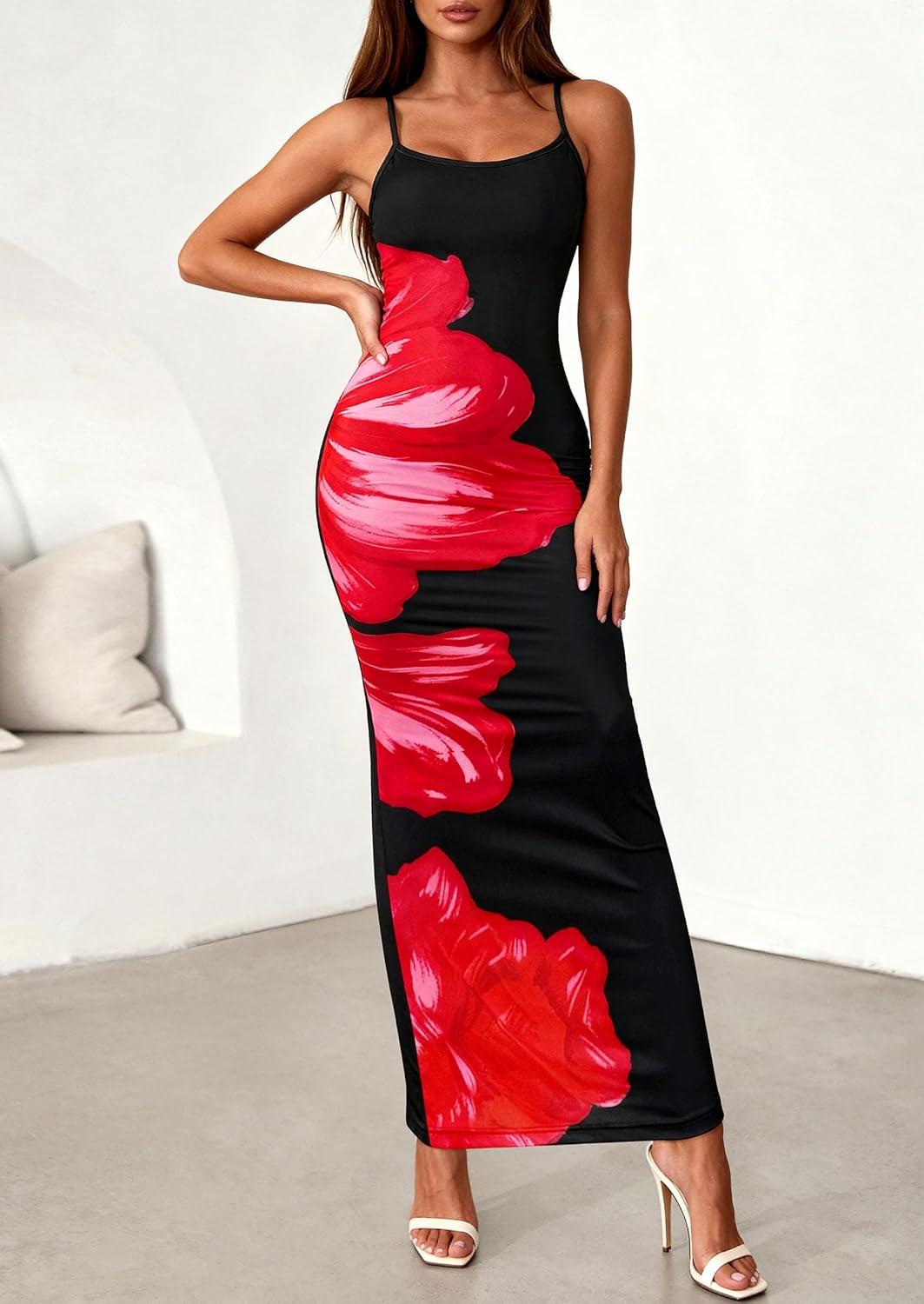 imagePRETTYGARDEN Womens Floral Maxi Dress Summer 2026 Sexy Spaghetti Strap Slip Bodycon Mesh Beach Vacation DressesBlack Pink Flower
