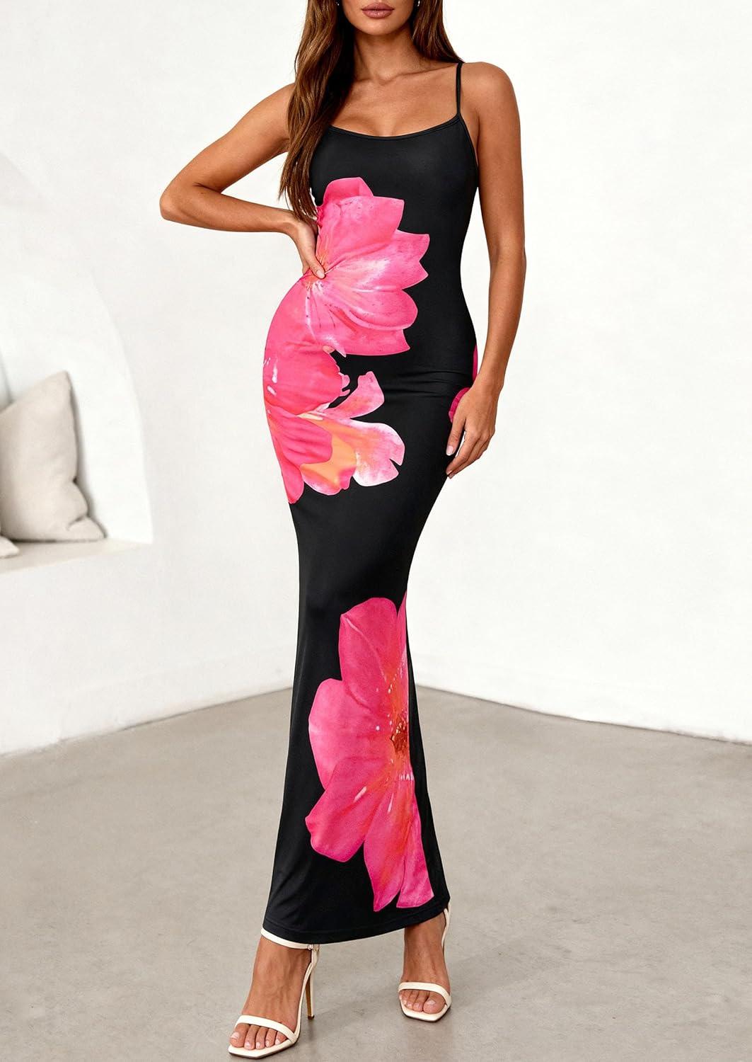 imagePRETTYGARDEN Womens Floral Maxi Dress Summer 2026 Sexy Spaghetti Strap Slip Bodycon Mesh Beach Vacation DressesFloral Black Rose Red