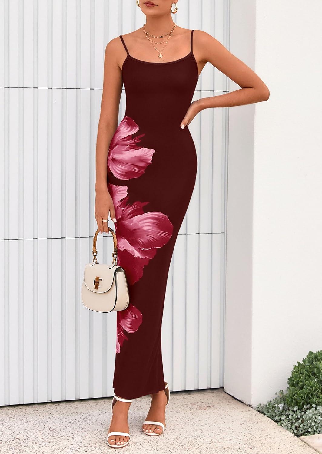 imagePRETTYGARDEN Womens Floral Maxi Dress Summer 2026 Sexy Spaghetti Strap Slip Bodycon Mesh Beach Vacation DressesFloral Wine Red