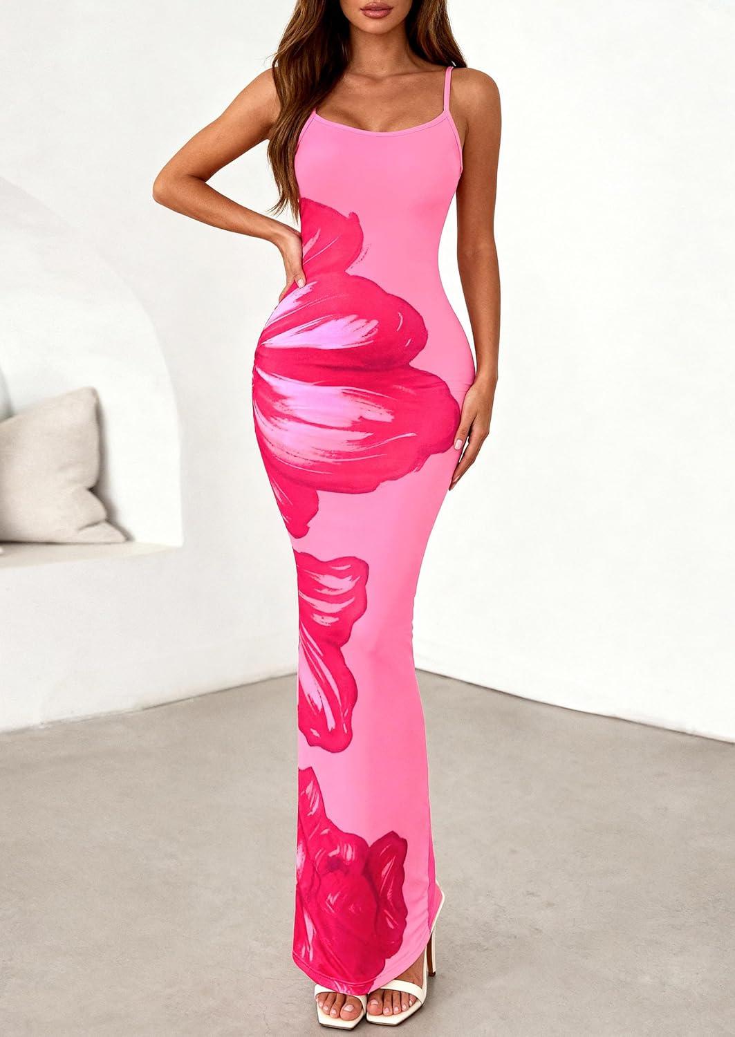 imagePRETTYGARDEN Womens Floral Maxi Dress Summer 2026 Sexy Spaghetti Strap Slip Bodycon Mesh Beach Vacation DressesPink Floral